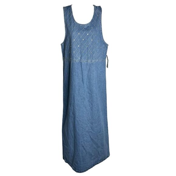 NWT Sunshine Apparel Vintage 90s Women’s Size Large Midi Denim Dress Embellished - Picture 1 of 9